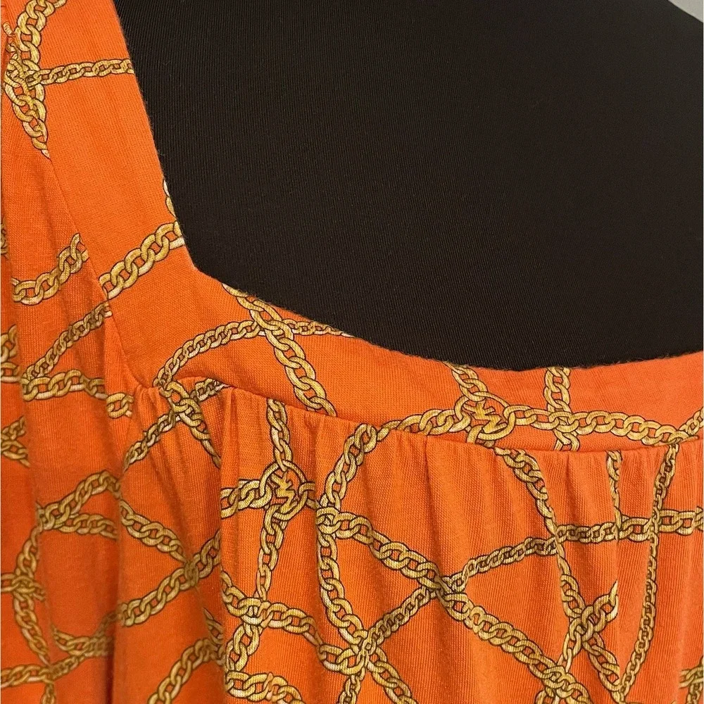 Michael Kors Women's Size L‎ Orange Gold Chain Print 3/4 Bell Sleeve Blouse Top